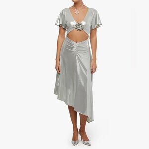 We Wore What Asymmetrical Cutout Dress - liquid foil